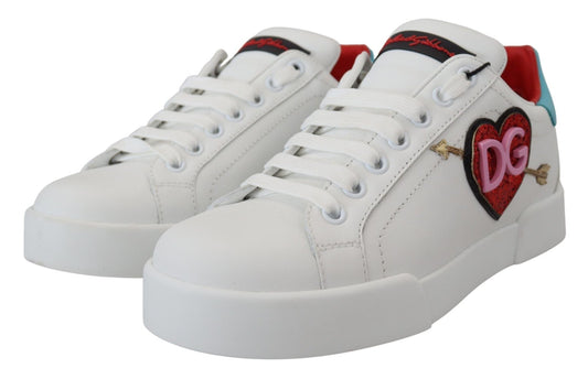 Dolce & Gabbana White Leather Sneaker Portofino Logo Heart Shoes - SMARTMARTNZ