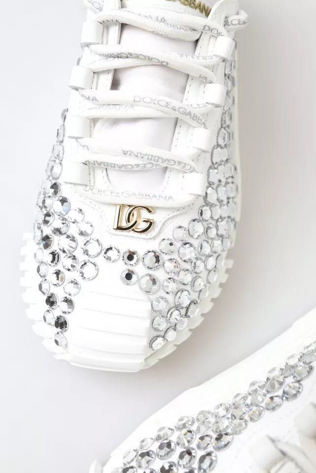 Dolce & Gabbana White NS1 Canvas Leather Embellished Sneakers Shoes - SMARTMARTNZ