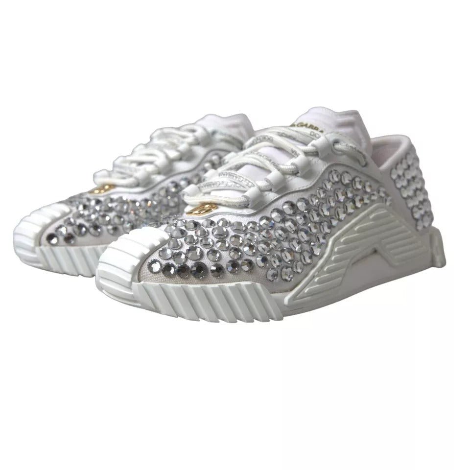 Dolce & Gabbana White NS1 Canvas Leather Embellished Sneakers Shoes - SMARTMARTNZ