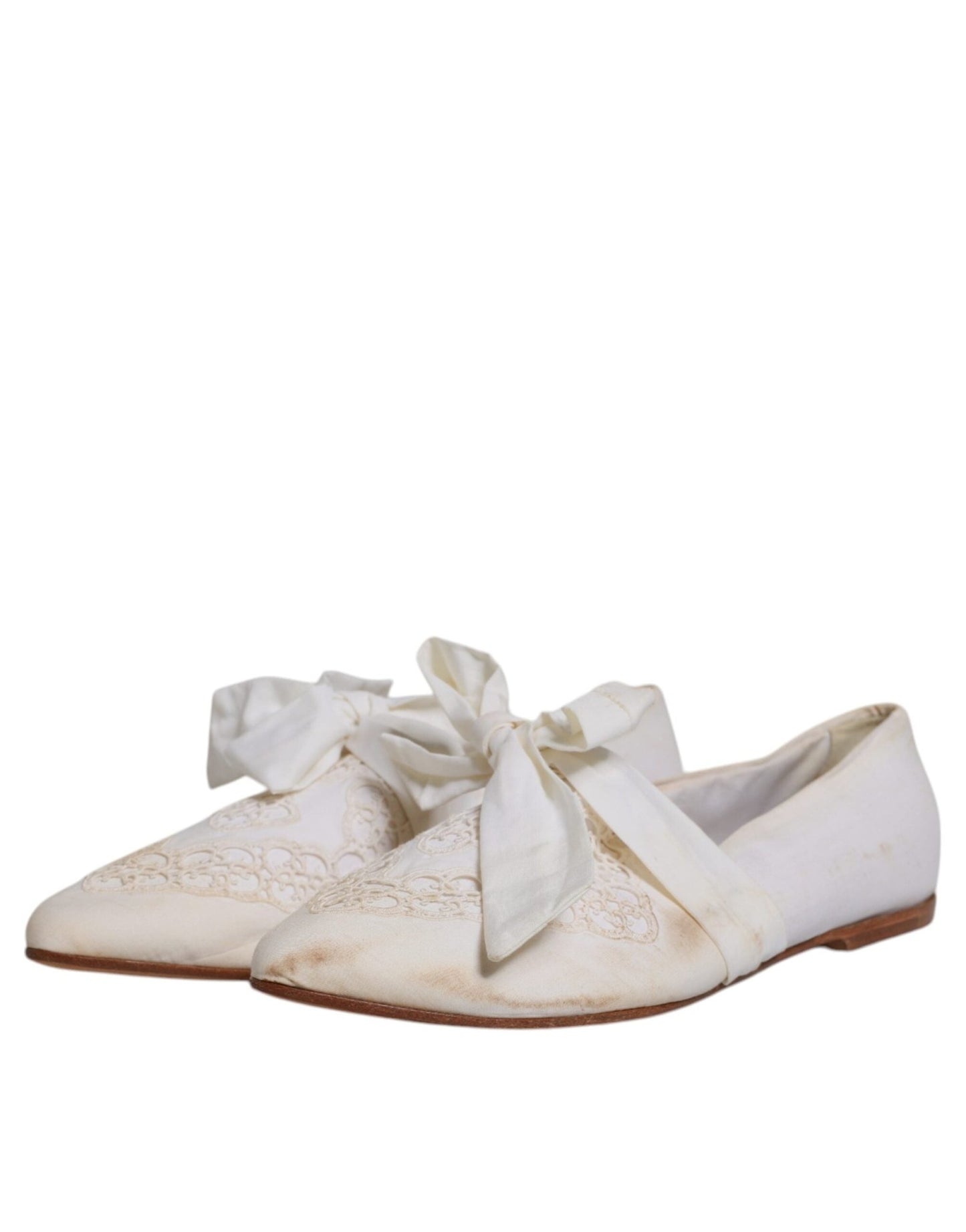 Dolce & Gabbana White Ribbon Fabric Ballerina Flats Shoes - SMARTMARTNZ