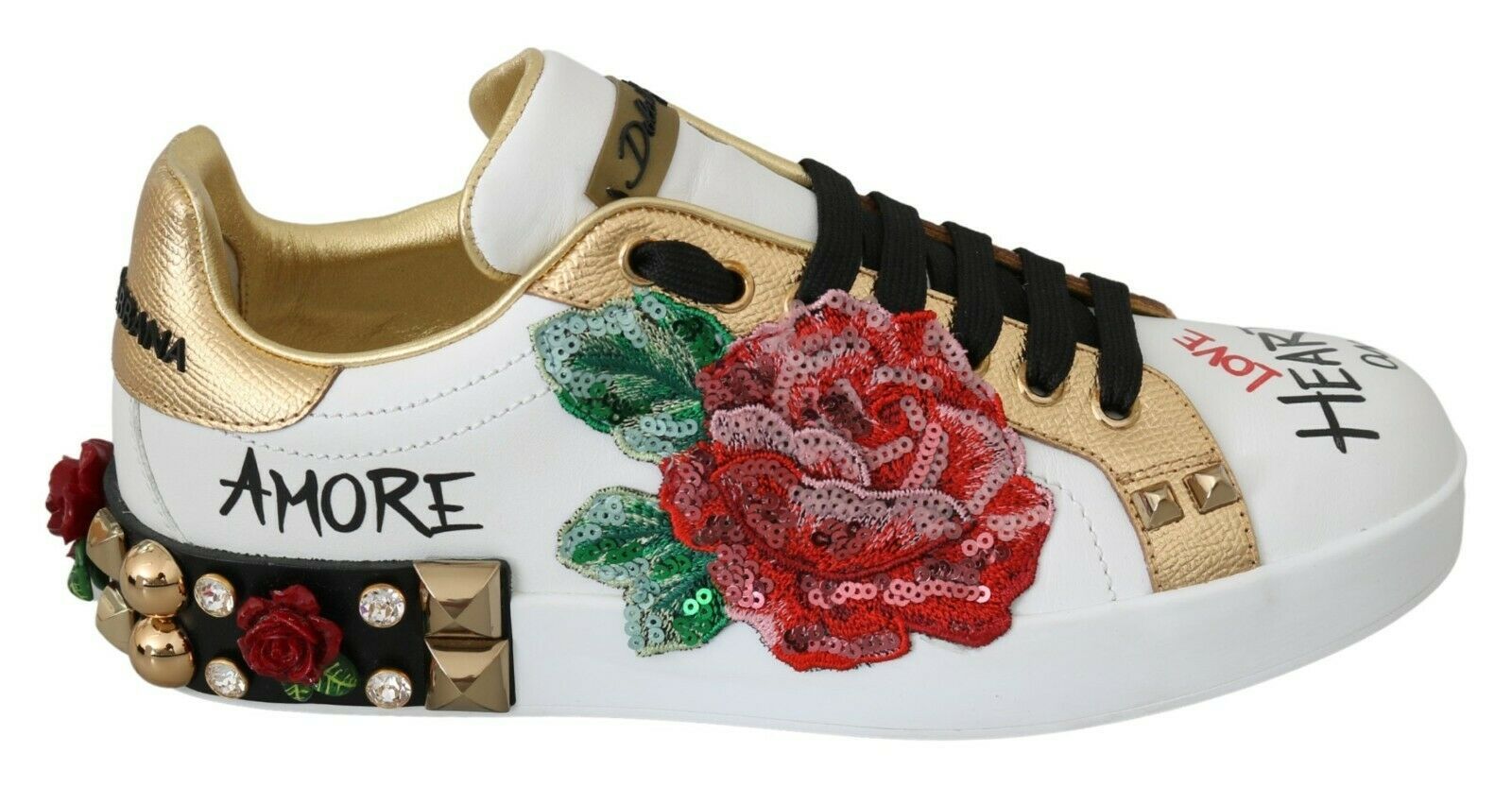 Dolce & Gabbana White Roses Sequined Crystal Womens Sneakers Shoes - SMARTMARTNZ