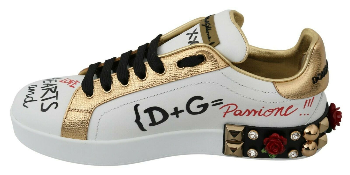 Dolce & Gabbana White Roses Sequined Crystal Womens Sneakers Shoes - SMARTMARTNZ