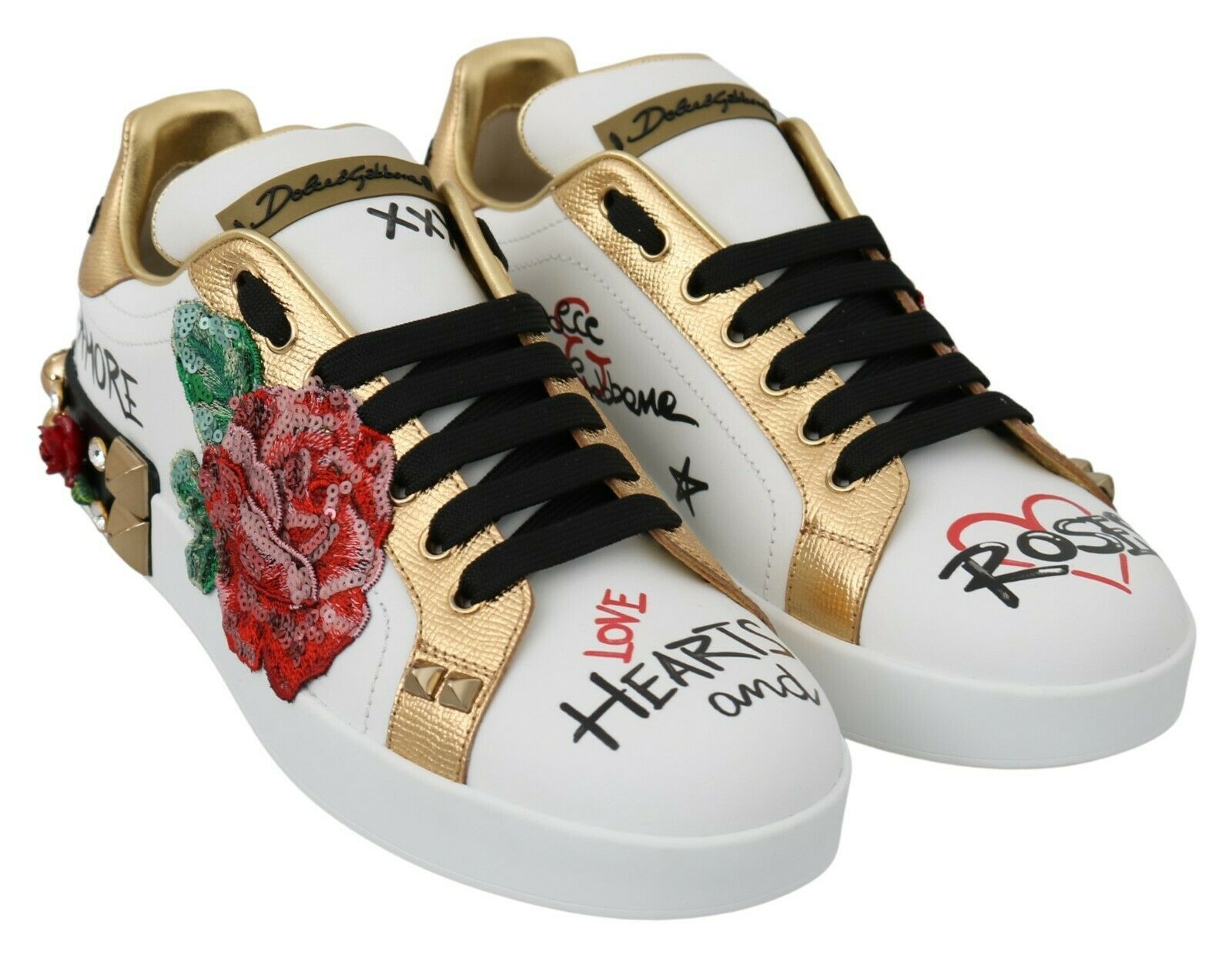 Dolce & Gabbana White Roses Sequined Crystal Womens Sneakers Shoes - SMARTMARTNZ