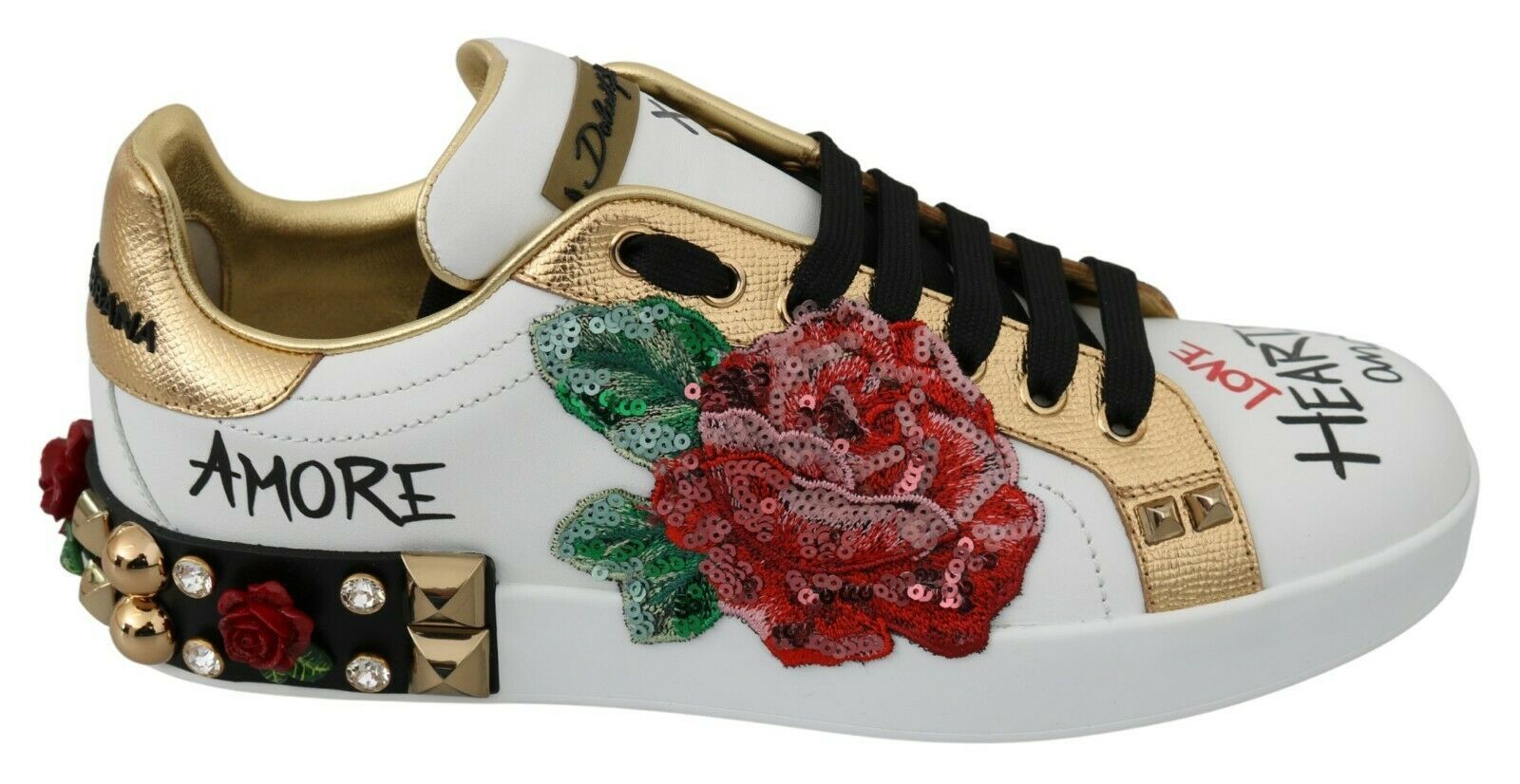 Dolce & Gabbana White Roses Sequined Crystal Womens Sneakers Shoes - SMARTMARTNZ