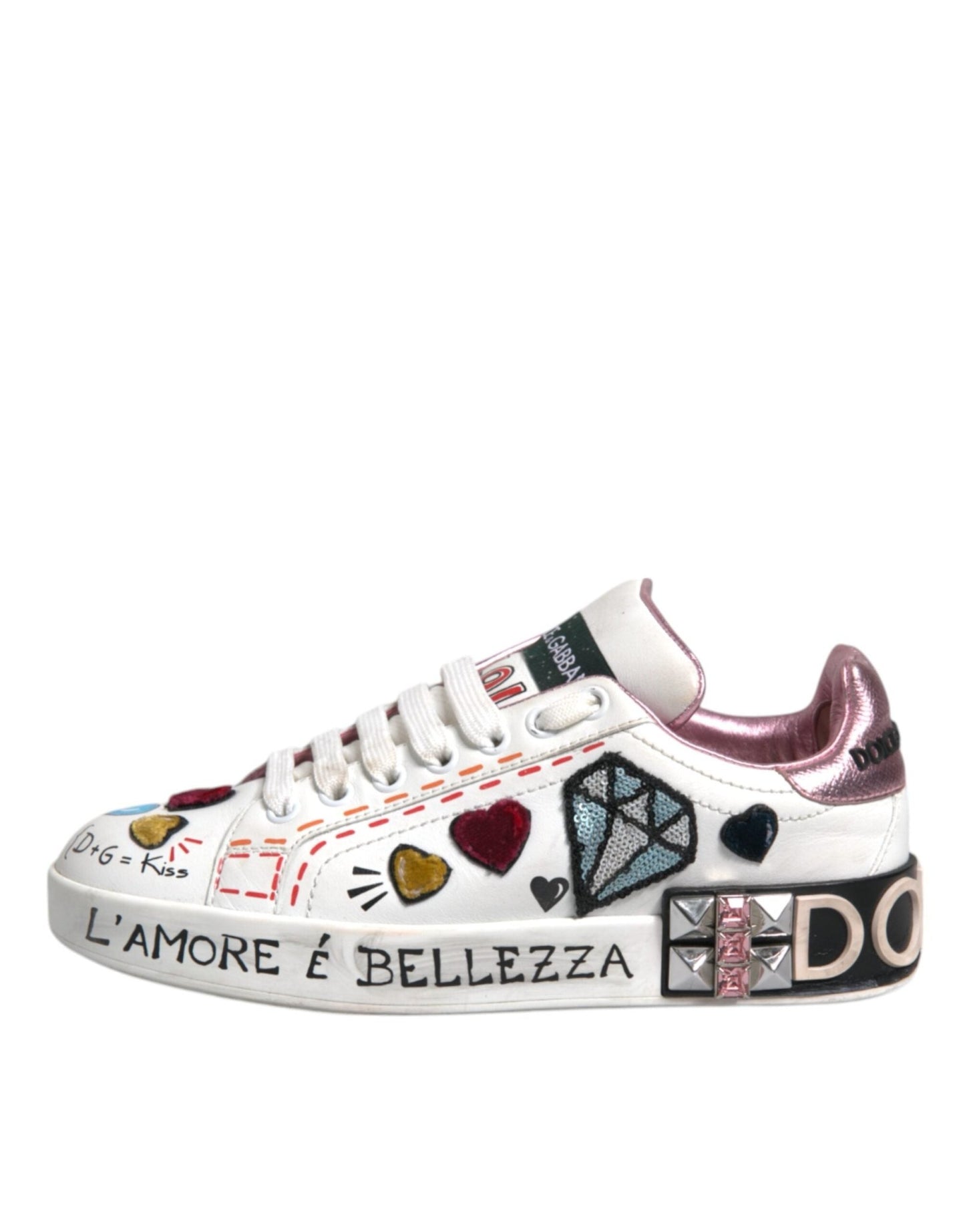Dolce & Gabbana White Sequined Crystal Low Top Sneakers Shoes - SMARTMARTNZ