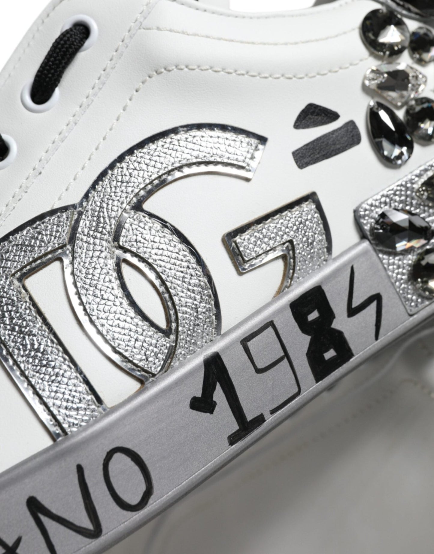 Dolce & Gabbana White Silver Crystal Logo Portofino Sneakers Shoes - SMARTMARTNZ