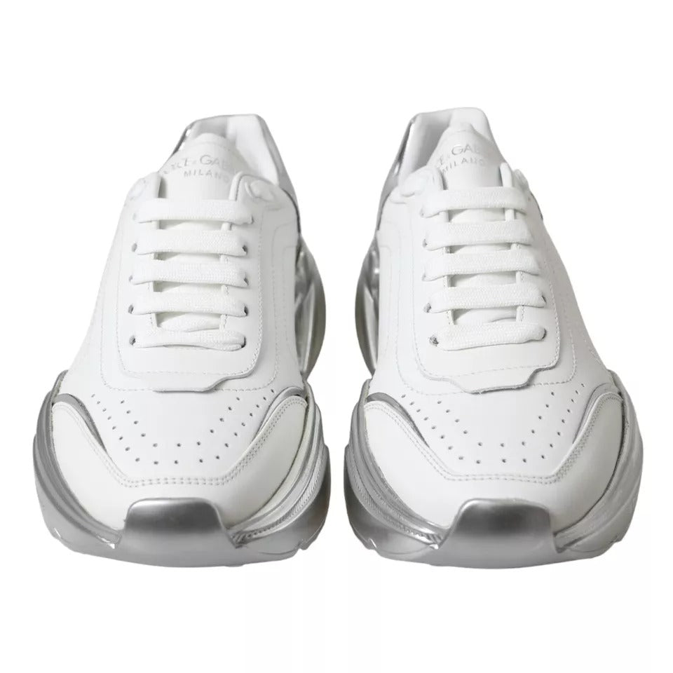 Dolce & Gabbana White Silver Daymaster Leather Sneakers Shoes - SMARTMARTNZ