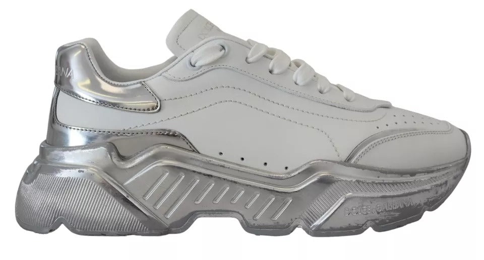 Dolce & Gabbana White Silver Leather Daymaster Sneakers Shoes - SMARTMARTNZ