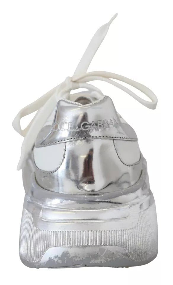 Dolce & Gabbana White Silver Leather Daymaster Women Sneakers Shoes - SMARTMARTNZ