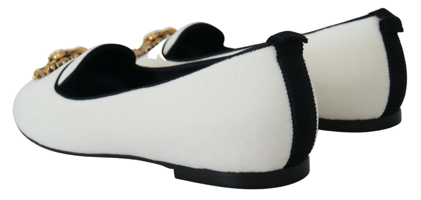 Dolce & Gabbana White Velvet Slip Ons Loafers Flats Shoes - SMARTMARTNZ