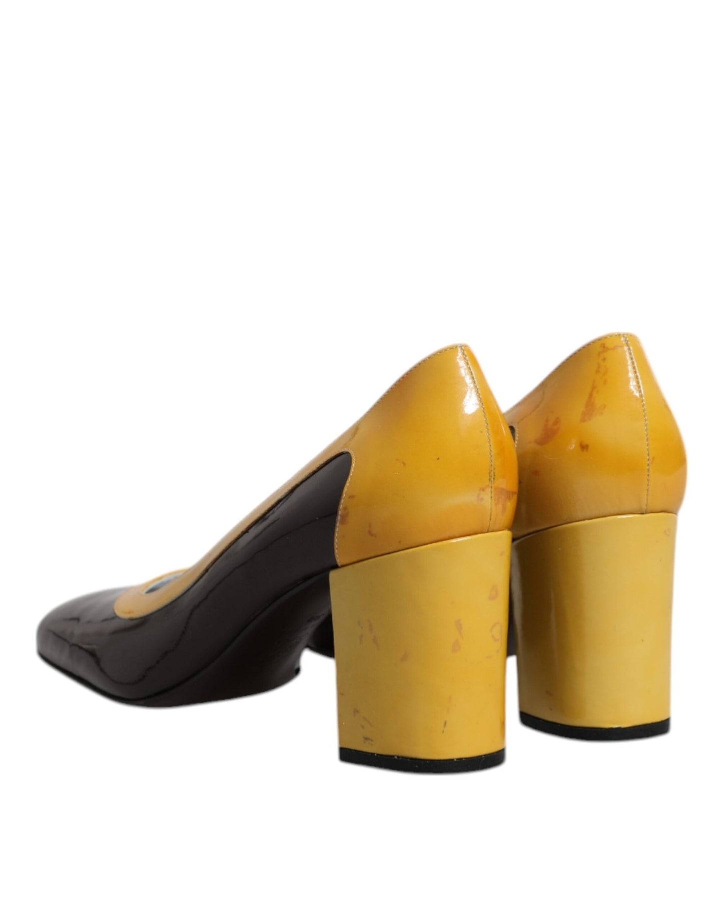 Dolce & Gabbana Yellow Brown Leather Block Heel Pumps Shoes - SMARTMARTNZ