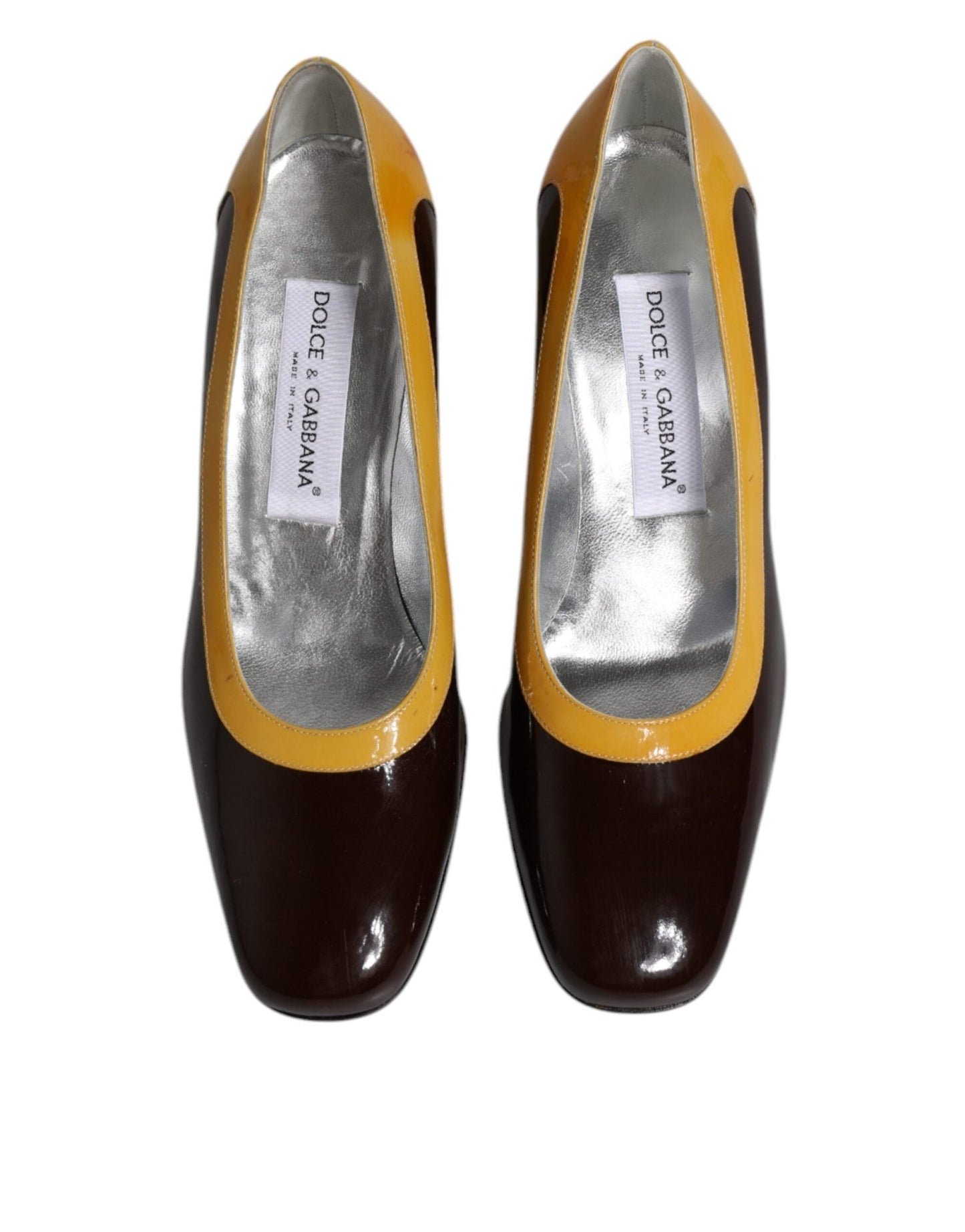 Dolce & Gabbana Yellow Brown Leather Block Heel Pumps Shoes - SMARTMARTNZ