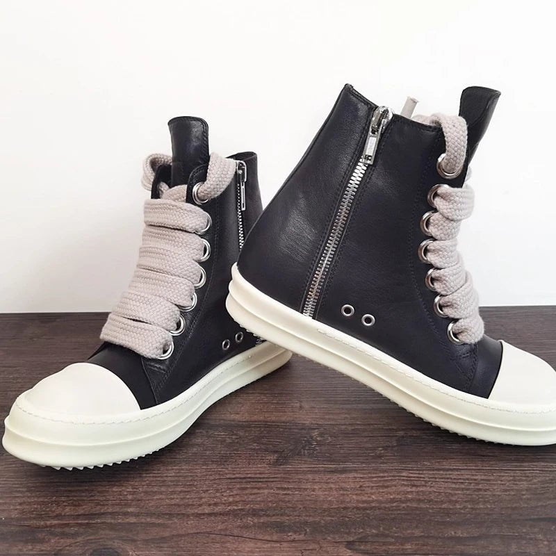 Fashion Men’s Casual Sneakers – Jumbo Shoelace Lace - Up Shoes | Unisex Solid Black Leather - Style Footwear - SMARTMARTNZ