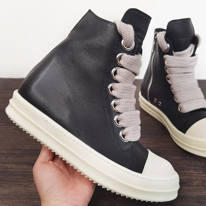 Fashion Men’s Casual Sneakers – Jumbo Shoelace Lace - Up Shoes | Unisex Solid Black Leather - Style Footwear - SMARTMARTNZ