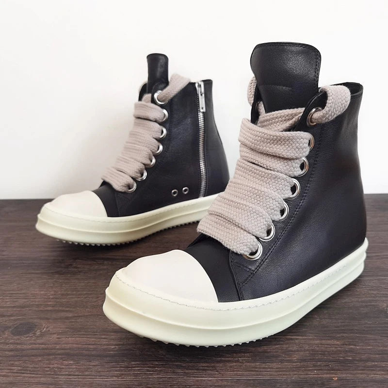 Fashion Men’s Casual Sneakers – Jumbo Shoelace Lace - Up Shoes | Unisex Solid Black Leather - Style Footwear - SMARTMARTNZ