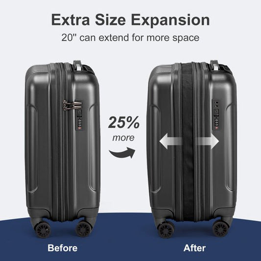 FCH Vertical Pattern 2 - Piece Set 20 Inch Expandable With 14 Inch Suitcase, ABS, PC Trolley Case, 14in 20in Silent Wheels, Inner Iron And Outer Aluminum Tie Rod, Classic Color - Black - SMARTMARTNZ