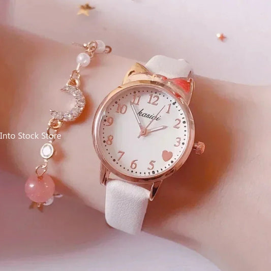 Girls’ Cute Watch & Bracelet Gift Set – Quartz Leather Strap Kids’ Clock - SMARTMARTNZ