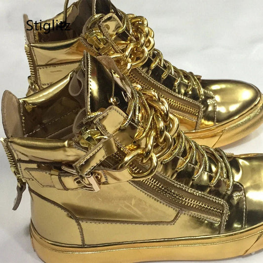 Gold & Silver Chain High - Top Sneakers – Mirror Leather Casual Ankle Boots | Breathable Sweat - Absorbing shoe - SMARTMARTNZ