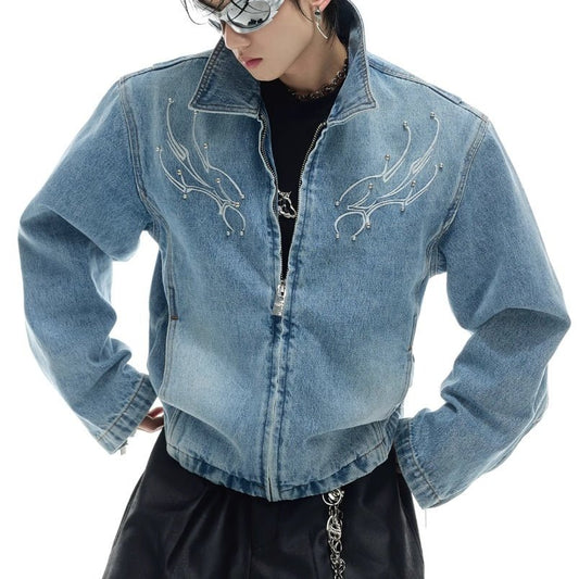 Heavy Retro Denim Outerwear – Washed Texture & Rivet Spine Jacket - SMARTMARTNZ