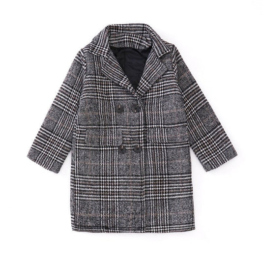 Houndstooth Pattern Coat – Girls’ Winter Outerwear Stylish Gray Plaid | Timeless & Cozy - SMARTMARTNZ