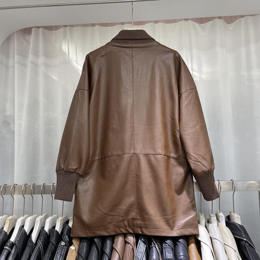 Knitted Stitching Mid - length Leather Coat Women - SMARTMARTNZ