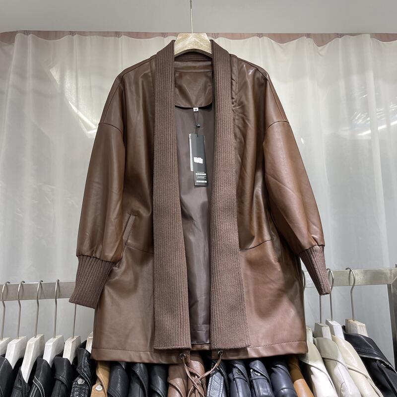 Knitted Stitching Mid - length Leather Coat Women - SMARTMARTNZ