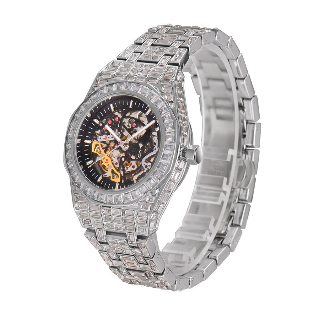 “Luxury Hip Hop Iced Mechanical Watch – Hollow Dial, Square Frame & Glow Effect” - SMARTMARTNZ
