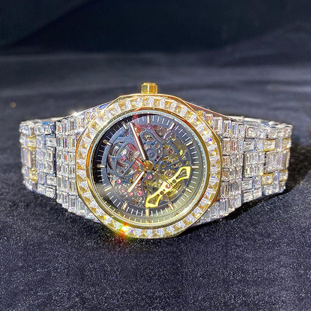 “Luxury Hip Hop Iced Mechanical Watch – Hollow Dial, Square Frame & Glow Effect” - SMARTMARTNZ