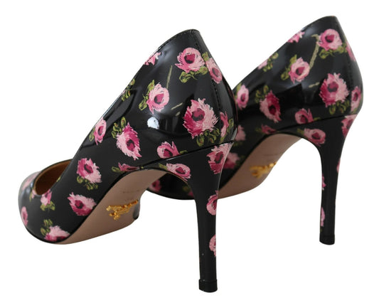 Prada Black Leather Floral Heels Stilettos Pumps - SMARTMARTNZ