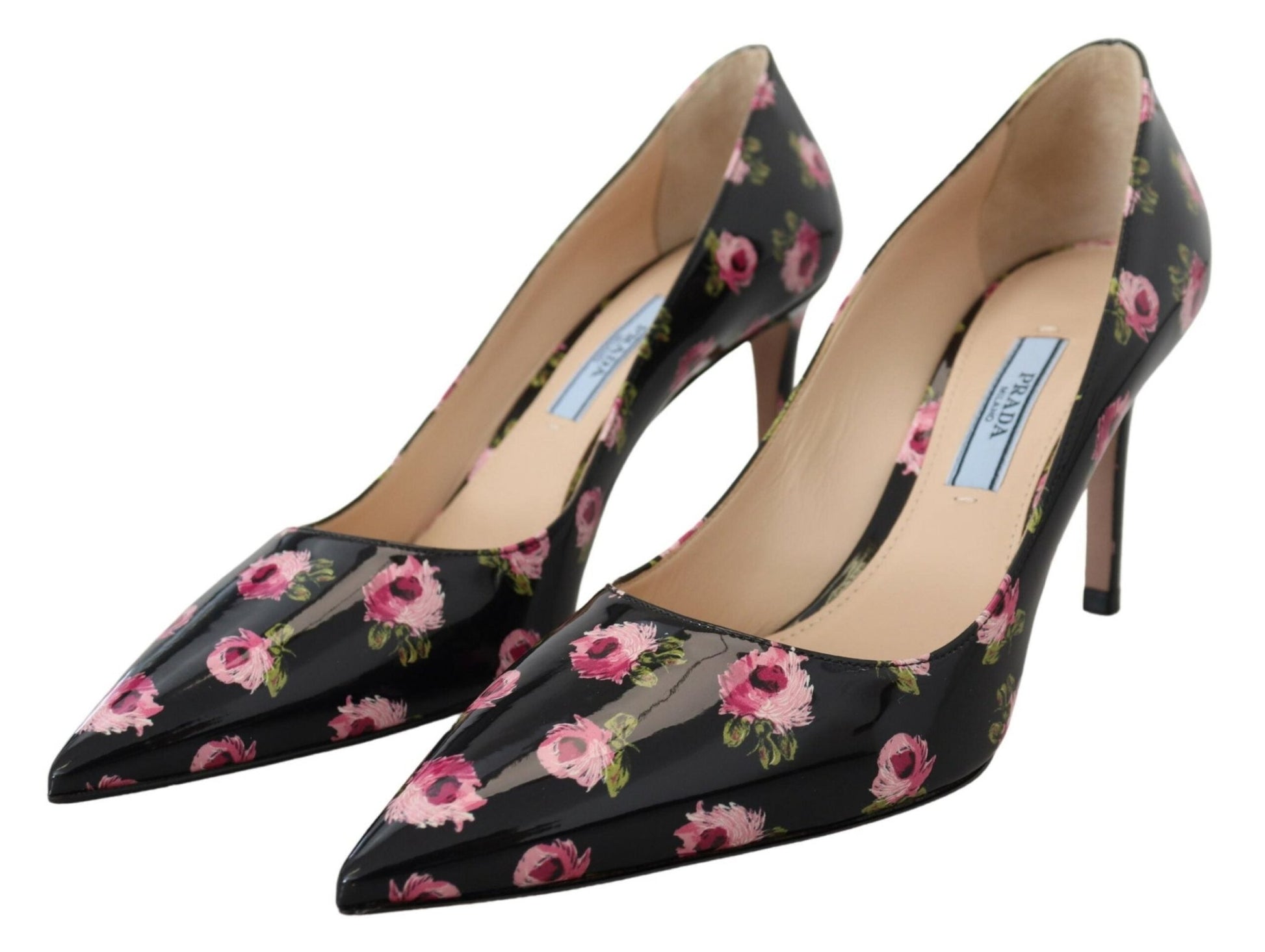 Prada Black Leather Floral Heels Stilettos Pumps - SMARTMARTNZ