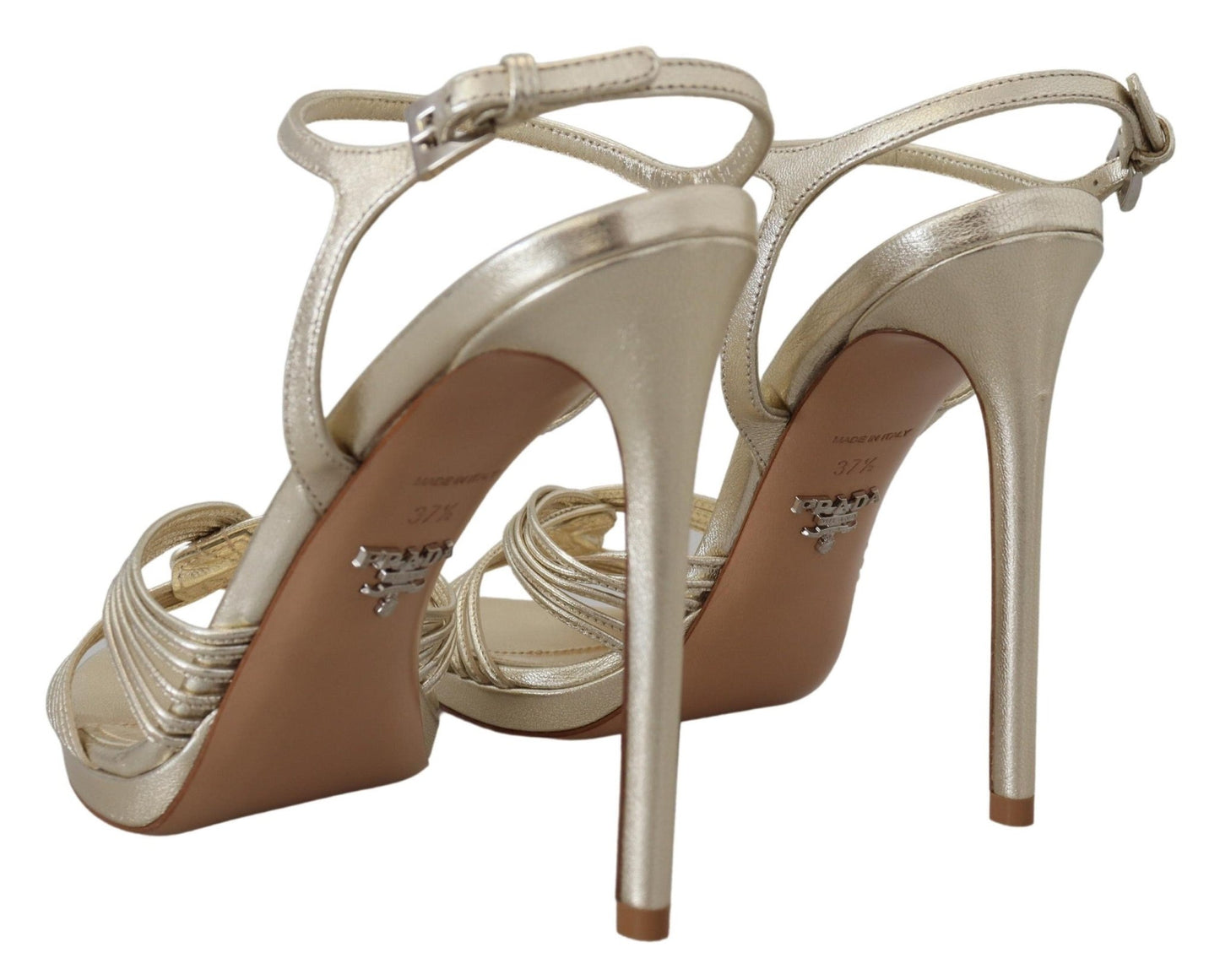 Prada Gold Leather Sandals Ankle Strap Heels Stiletto Sandal - SMARTMARTNZ