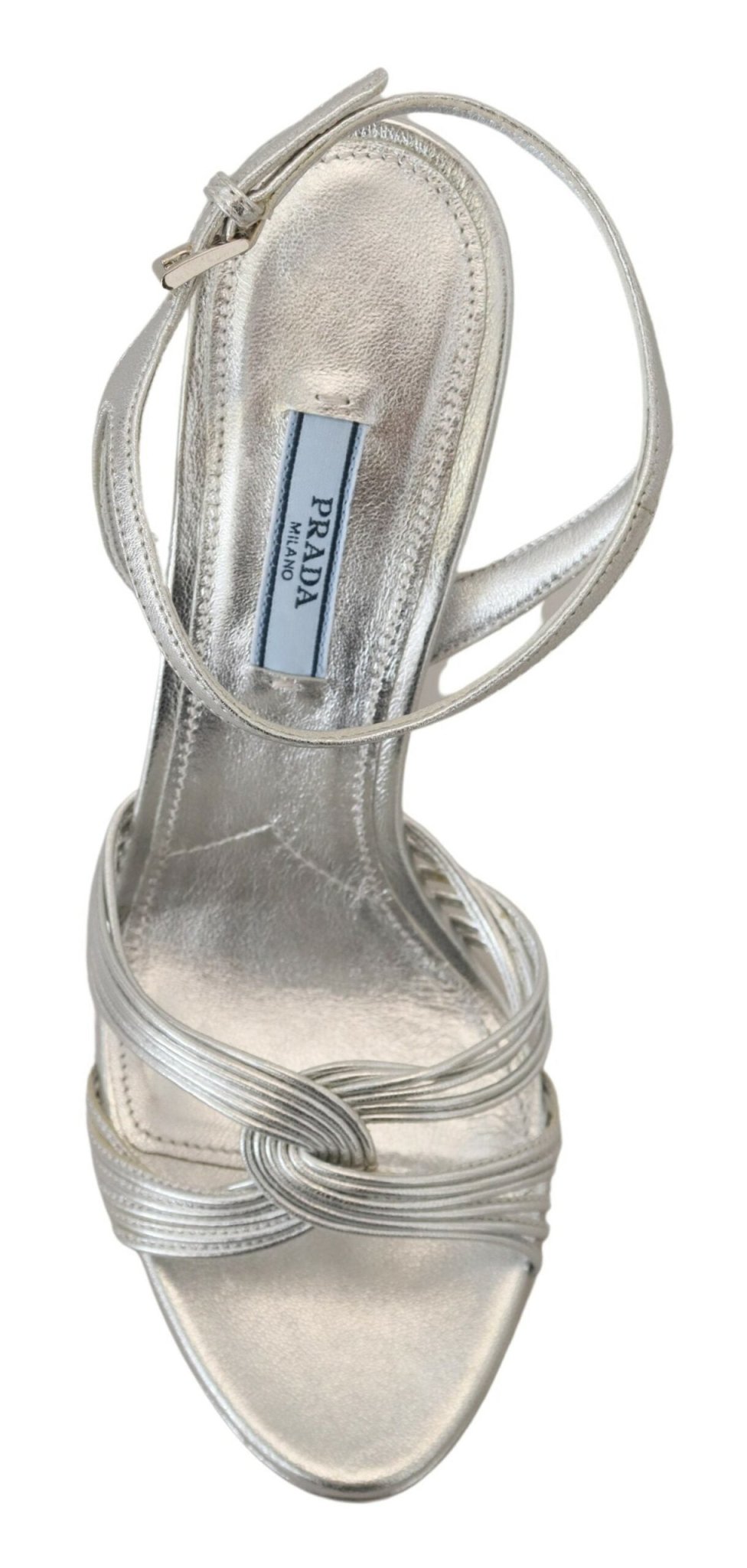 Prada Silver Leather Sandals Ankle Strap Heels Stiletto - SMARTMARTNZ