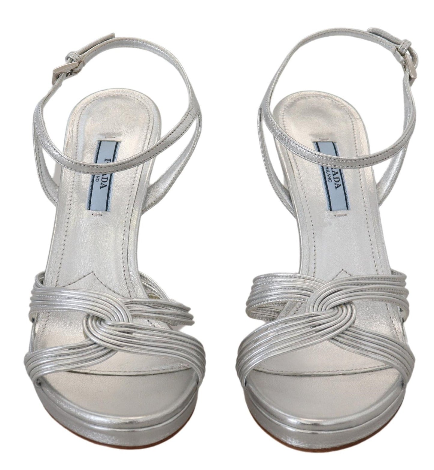 Prada Silver Leather Sandals Ankle Strap Heels Stiletto - SMARTMARTNZ