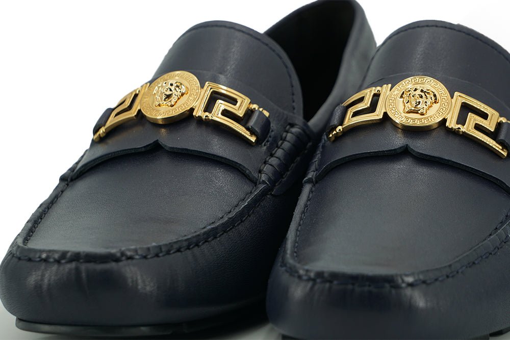 Versace Elegant Navy Blue Calf Leather Loafers - SMARTMARTNZ