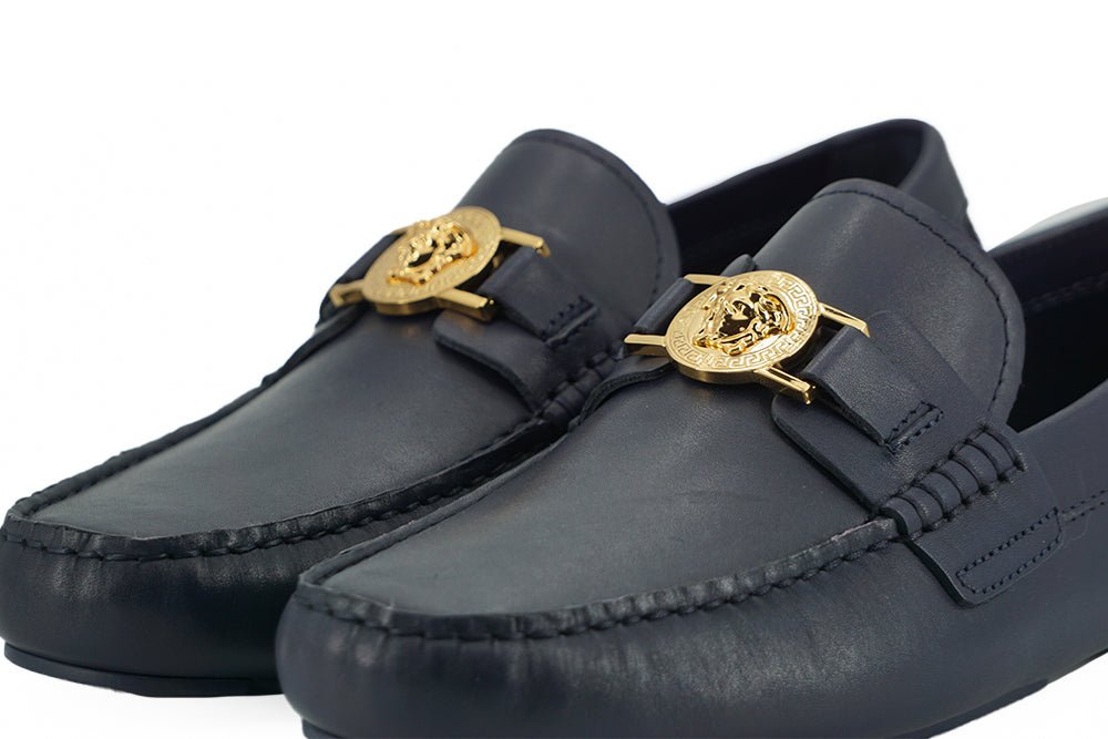 Versace Elegant Navy Blue Calf Leather Loafers - SMARTMARTNZ