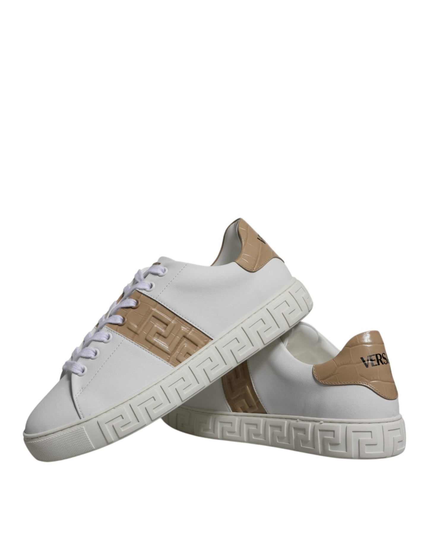 Versace White Brown Greca Print TPU Low Top Men Sneakers Shoes - SMARTMARTNZ