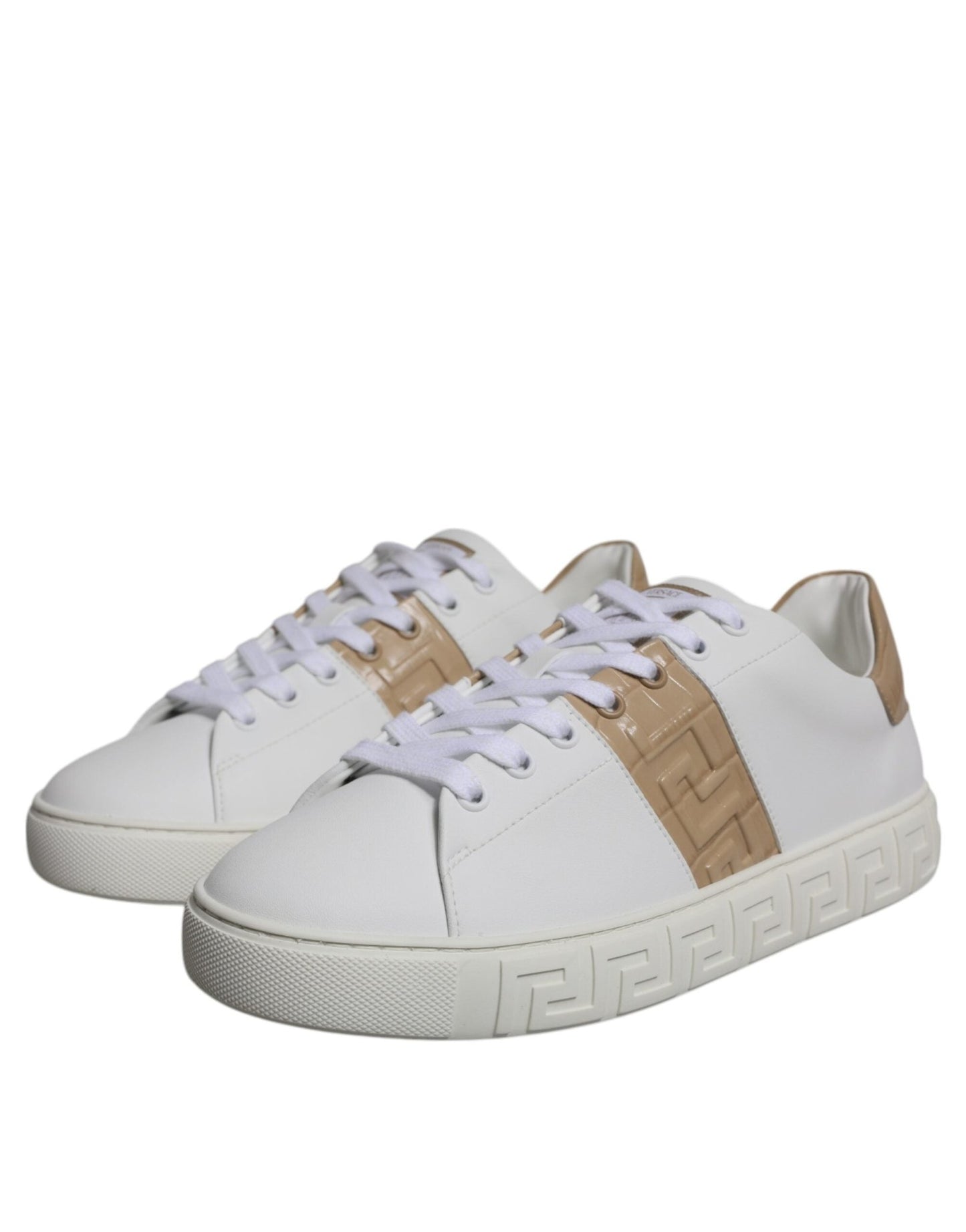 Versace White Brown Greca Print TPU Low Top Men Sneakers Shoes - SMARTMARTNZ