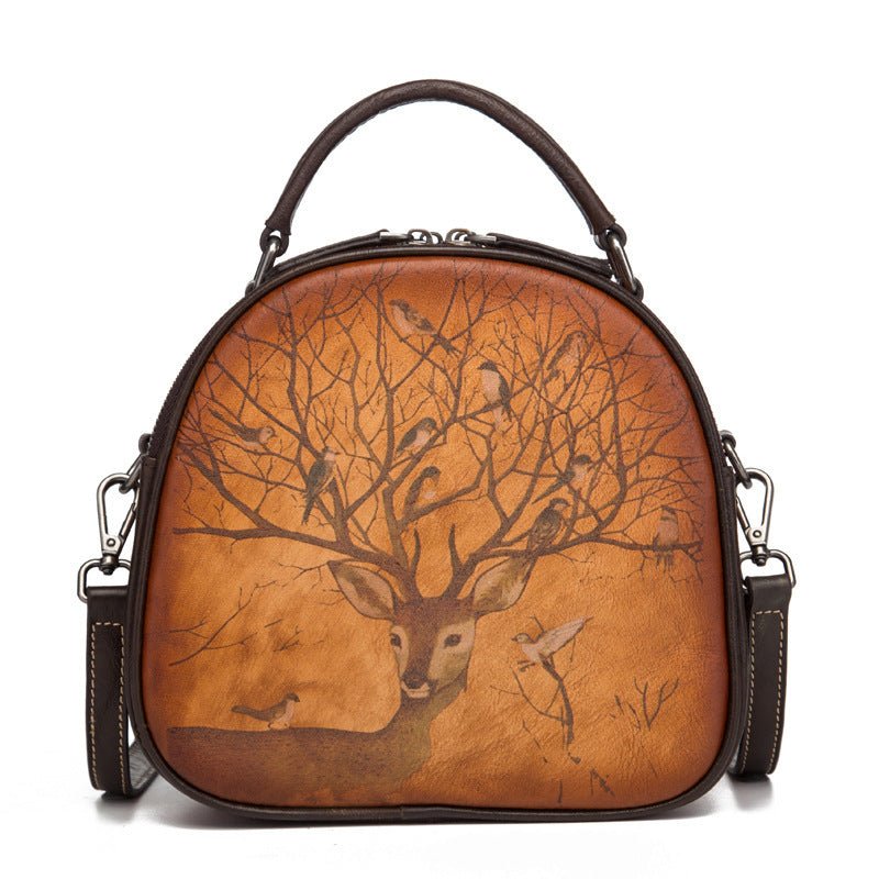Vintage - Style Leather Bag with Deer & Bird Art Hand - Painted Detailing | Timeless Beauty in Every Stroke - SMARTMARTNZ
