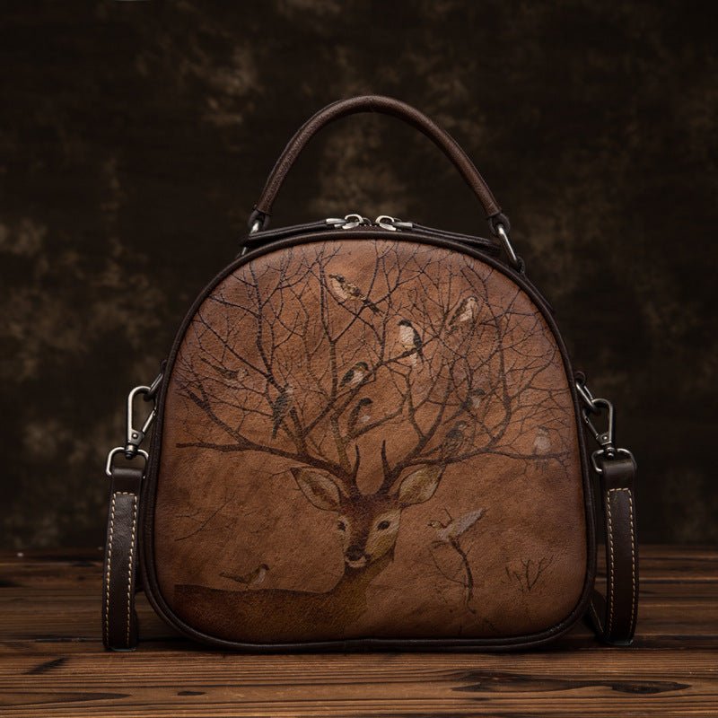 Vintage - Style Leather Bag with Deer & Bird Art Hand - Painted Detailing | Timeless Beauty in Every Stroke - SMARTMARTNZ