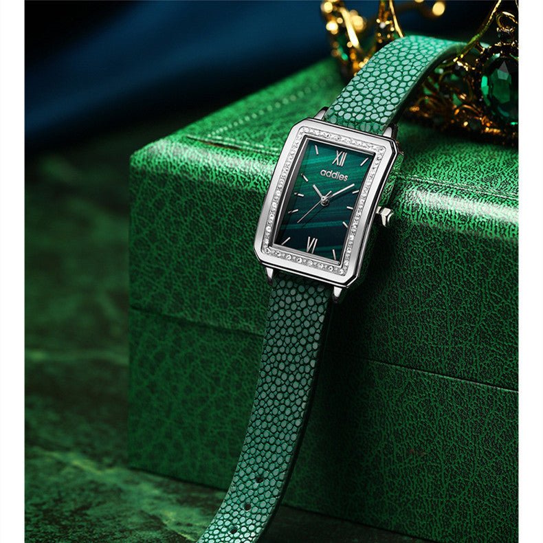 Women’s Exquisite Small Green Square Watch Set – Elegant Gift Box - SMARTMARTNZ