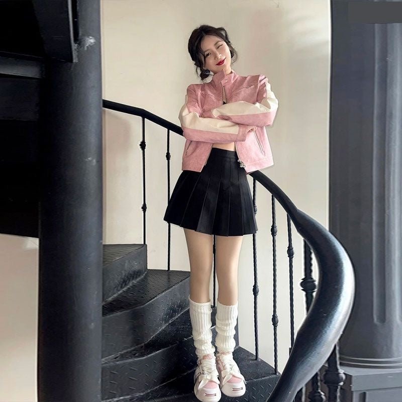 Women's Short Pink Zipper Stitching Leather Coat - SMARTMARTNZ