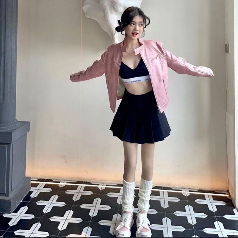 Women's Short Pink Zipper Stitching Leather Coat - SMARTMARTNZ