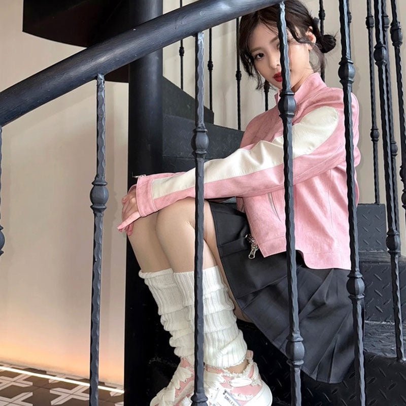 Women's Short Pink Zipper Stitching Leather Coat - SMARTMARTNZ