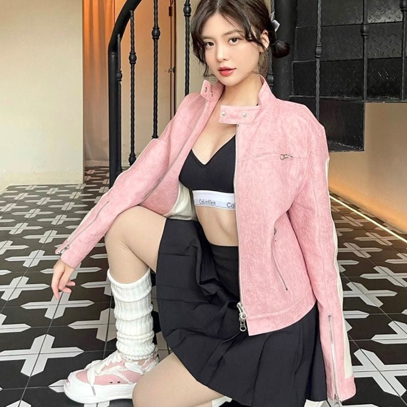 Women's Short Pink Zipper Stitching Leather Coat - SMARTMARTNZ