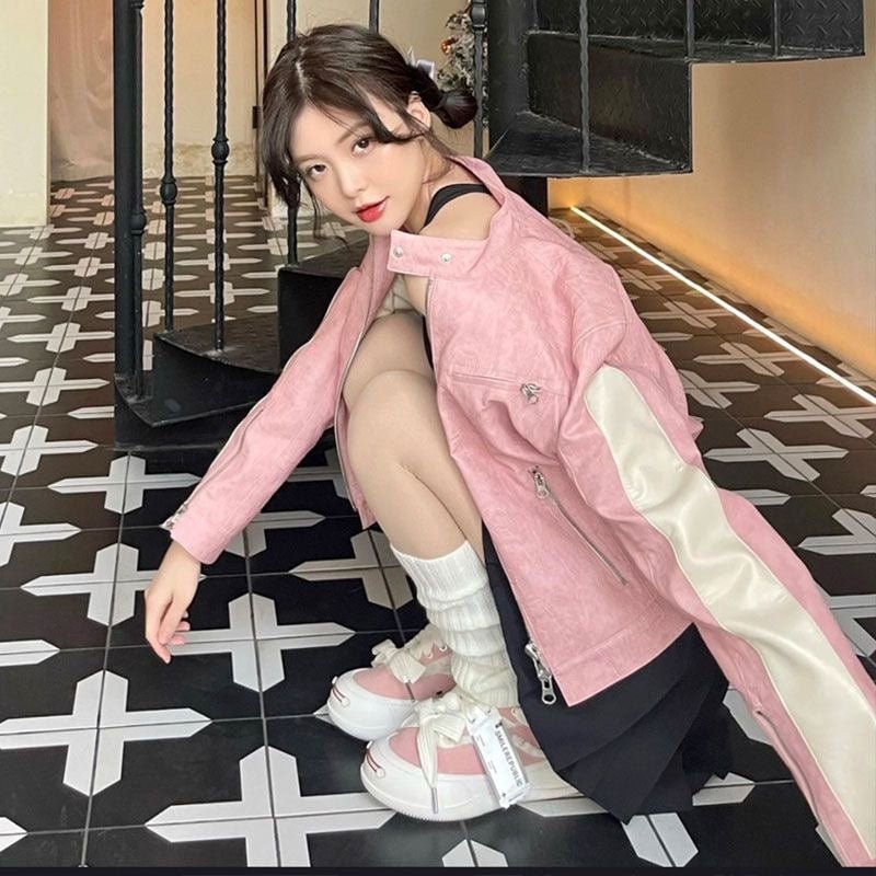 Women's Short Pink Zipper Stitching Leather Coat - SMARTMARTNZ
