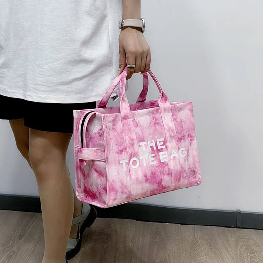 Women’s Tie - Dye Canvas Shoulder Bag – Large Capacity, Zipper Closure, Letter Print - SMARTMARTNZ
