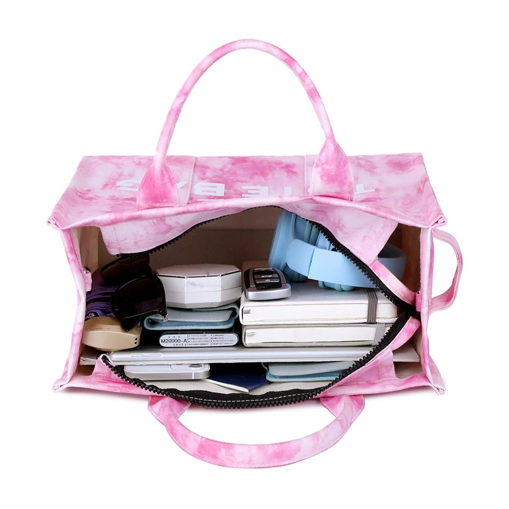Women’s Tie - Dye Canvas Shoulder Bag – Large Capacity, Zipper Closure, Letter Print - SMARTMARTNZ