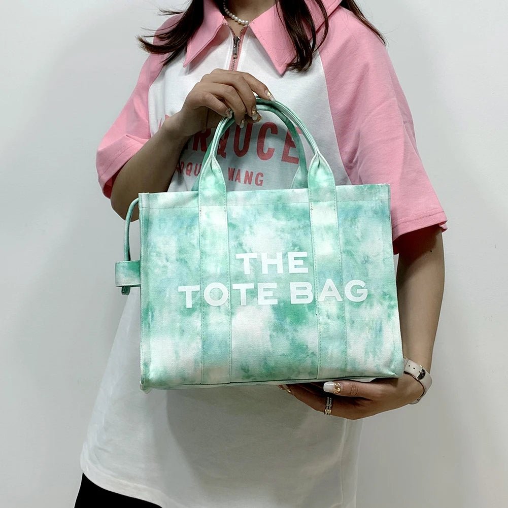 Women’s Tie - Dye Canvas Shoulder Bag – Large Capacity, Zipper Closure, Letter Print - SMARTMARTNZ
