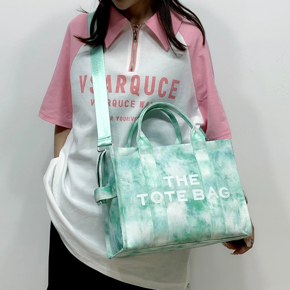 Women’s Tie - Dye Canvas Shoulder Bag – Large Capacity, Zipper Closure, Letter Print - SMARTMARTNZ