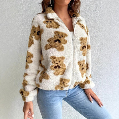 Bear Printed Furry Fleece-lined Warm And Loose Coat